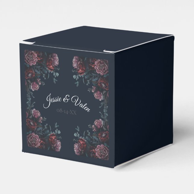 Dark Navy Blue Floral Elegant Wedding Maroon Mauve Favour Box (Front Side)