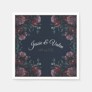 Dark Navy Blue Floral Elegant Wedding Maroon Mauve Napkin