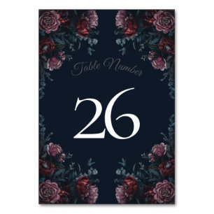Dark Navy Blue Floral Elegant Wedding Maroon Mauve Table Number