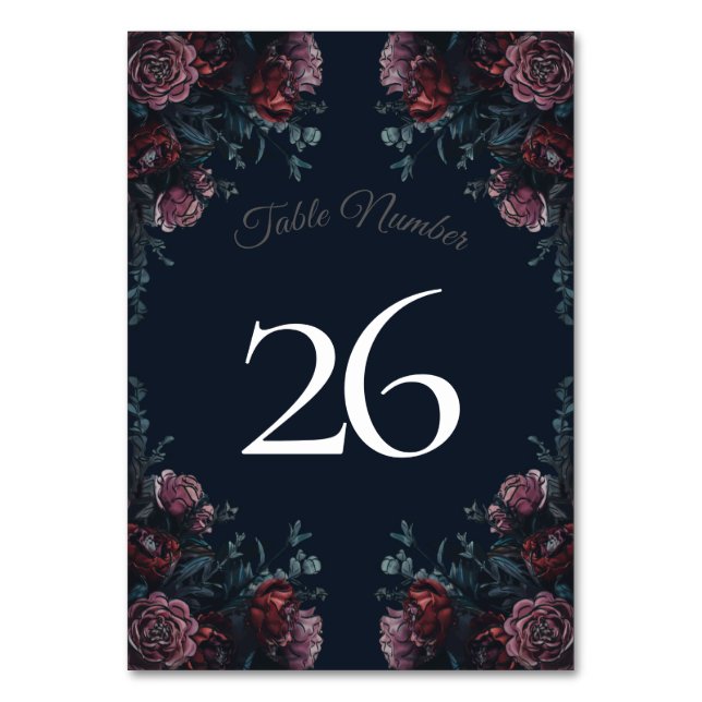 Dark Navy Blue Floral Elegant Wedding Maroon Mauve Table Number (Back)