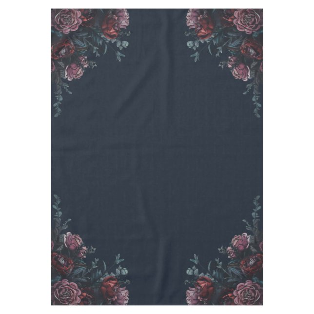 Dark Navy Blue Floral Elegant Wedding Maroon Mauve Tablecloth (Front)