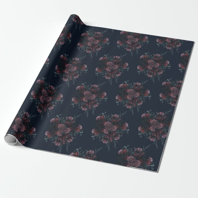 Dark Navy Blue Floral Elegant Wedding Maroon Mauve Wrapping Paper (Unrolled)