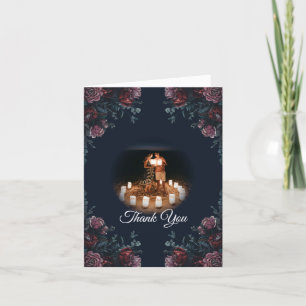 Dark Navy Blue Floral Elegant Wedding Thank You Card