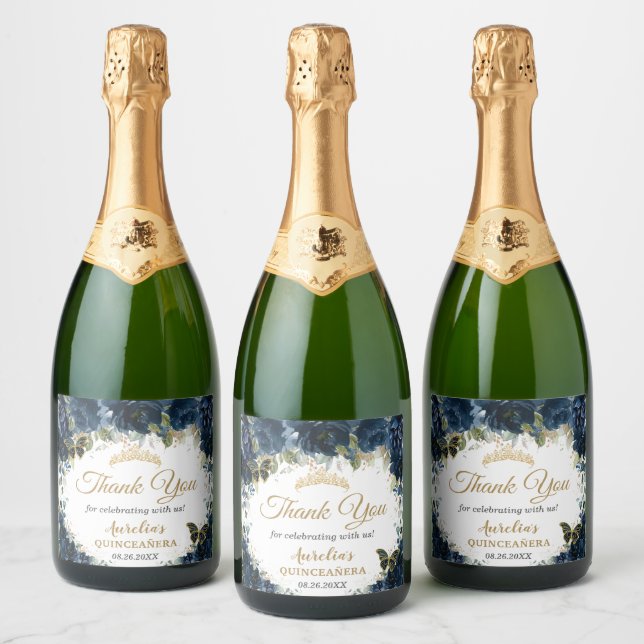 Dark Navy Blue Floral Roses Butterflies Favour Sparkling Wine Label (Bottles)
