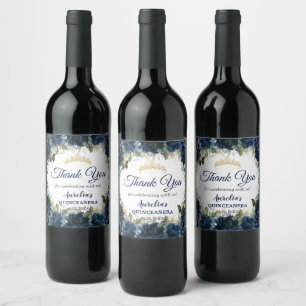 Dark Navy Blue Floral Roses Butterflies Favour Wine Label