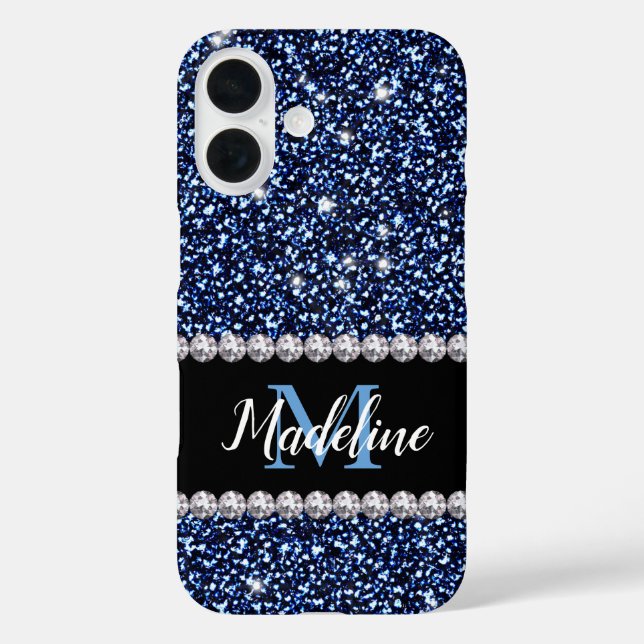Dark Navy Blue Glitter & Gems, Name and Monogram Case-Mate iPhone Case (Back)