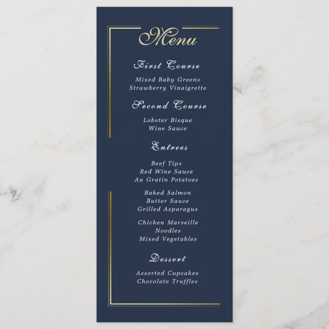 Dark Navy Blue Gold Frame White Script Menu Choice (Front)