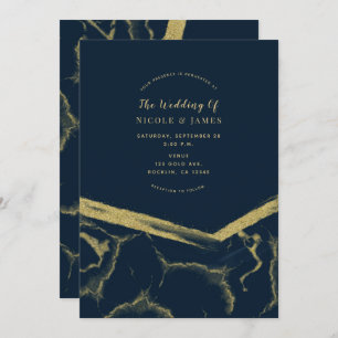 Dark Navy Blue & Gold Marble Chic Modern Wedding Invitation