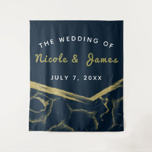 Dark Navy Blue & Gold Marble Chic Modern Wedding Tapestry