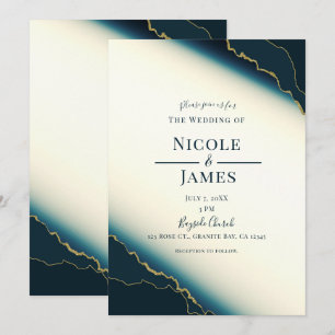 Dark Navy Blue & Gold Modern Coastal Beach Wedding Invitation