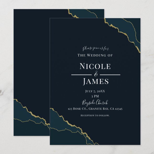 Dark Navy Blue & Gold Modern Elegant Wedding Invitation (Front/Back)