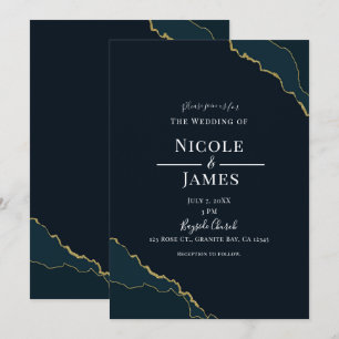 Dark Navy Blue & Gold Modern Elegant Wedding Invitation