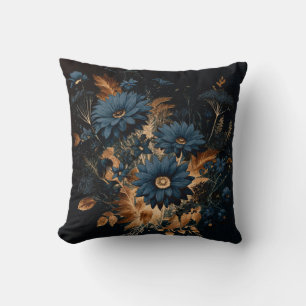 Dark Navy Blue & Gold Rustic Floral Glam Boho Cushion