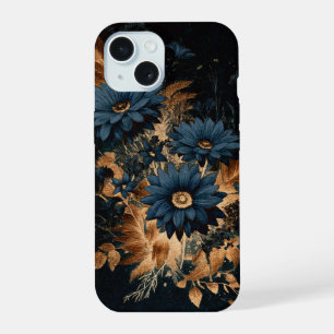 Dark Navy Blue & Gold Rustic Floral Glam Boho  iPhone 15 Case