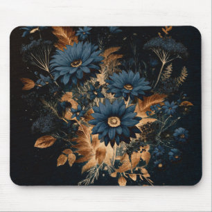 Dark Navy Blue & Gold Rustic Floral Glam Boho Mouse Mat
