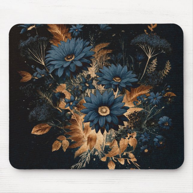 Dark Navy Blue & Gold Rustic Floral Glam Boho  Mouse Mat (Front)