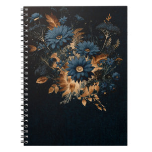 Dark Navy Blue & Gold Rustic Floral Glam Boho Notebook