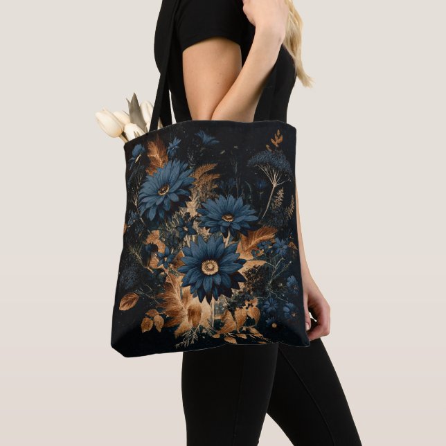 Dark Navy Blue & Gold Rustic Floral Glam Boho  Tote Bag (Close Up)