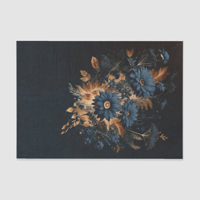 Dark Navy Blue Gold Rustic Floral Glam Wedding Tissue Paper (Front)