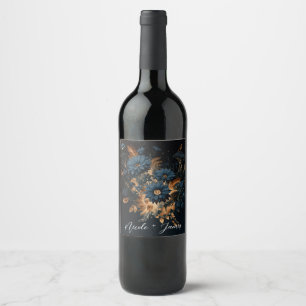 Dark Navy Blue Gold Rustic Floral Glam Wedding Wine Label