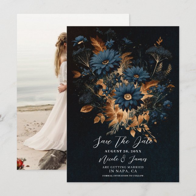 Dark Navy Blue Gold Rustic Glam Boho Save the Date Invitation (Front/Back)