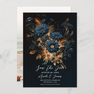 Dark Navy Blue Gold Rustic Glam Boho Save the Date Invitation