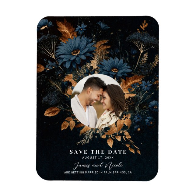 Dark Navy Blue Gold Rustic Glam Boho Save the Date Magnet (Vertical)
