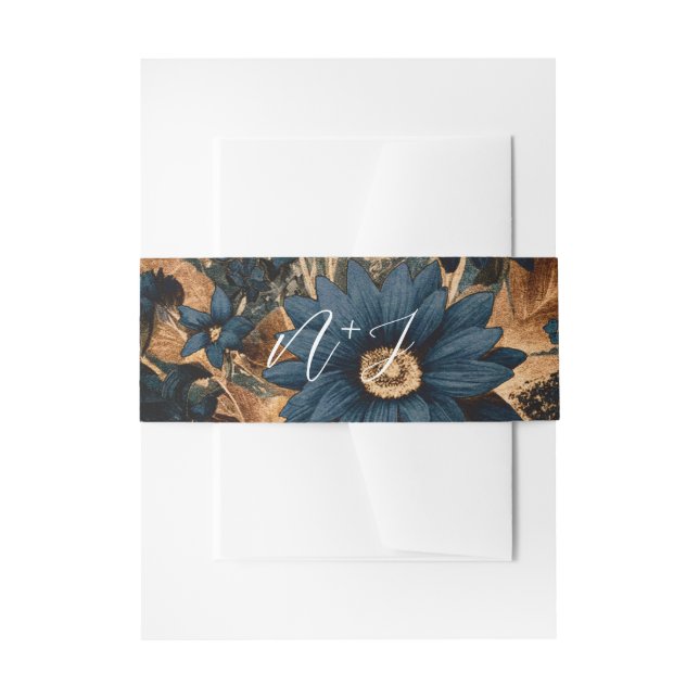 Dark Navy Blue & Gold Rustic Glam Boho Wedding  Invitation Belly Band (Front Example)