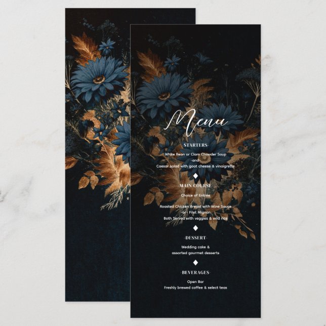 Dark Navy Blue Gold Rustic Glam Boho Wedding Menu (Front/Back)