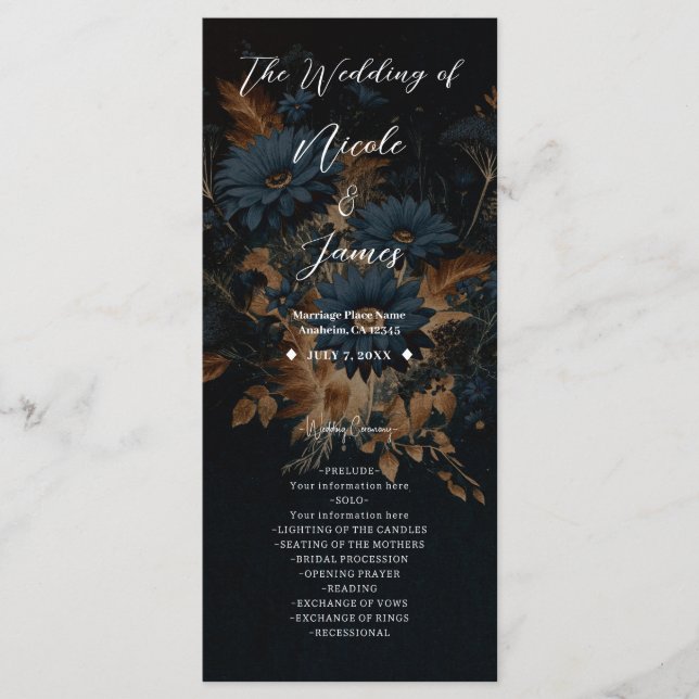 Dark Navy Blue & Gold Rustic Glam Boho Wedding  Programme (Front)