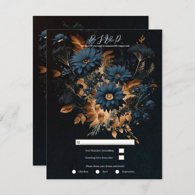 Dark Navy Blue Gold Rustic Glam Boho Wedding RSVP Invitation (Front/Back)