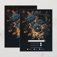 Dark Navy Blue Gold Rustic Glam Boho Wedding RSVP
