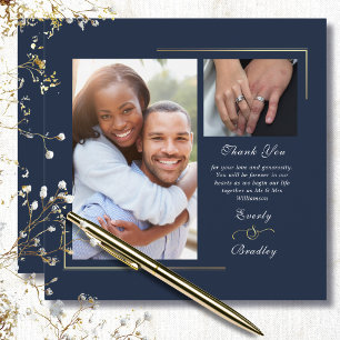 Dark Navy Blue Gold White Script Photo Thank You Invitation