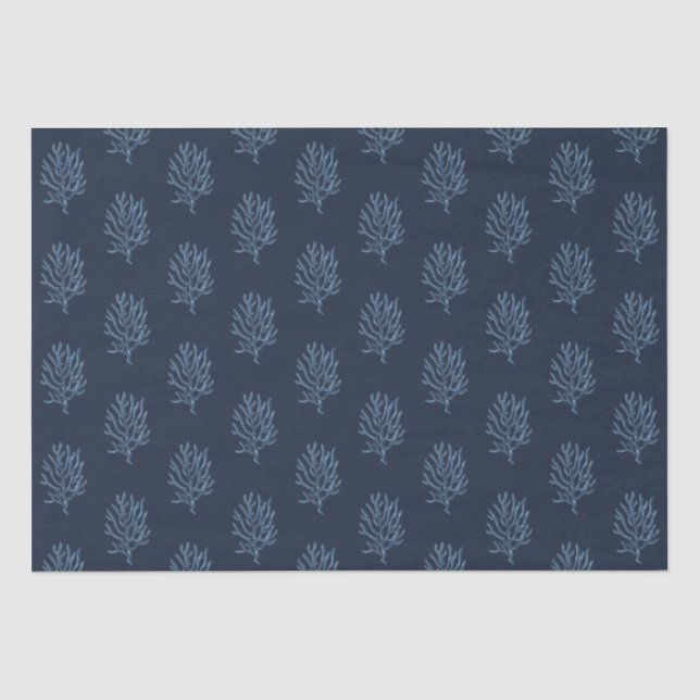 Dark Navy Blue Marine Life Corals Pattern Tissue Paper (Front)