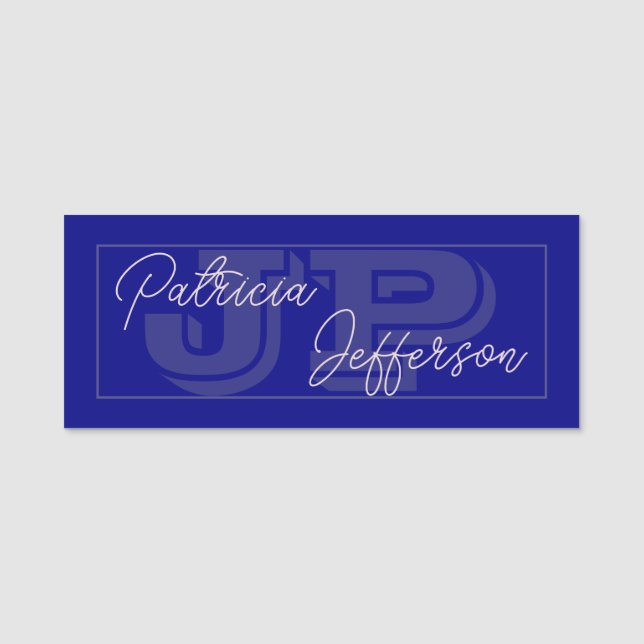 Dark Navy Blue Monogrammed Handwritten Calligraphy Name Tag (Front)