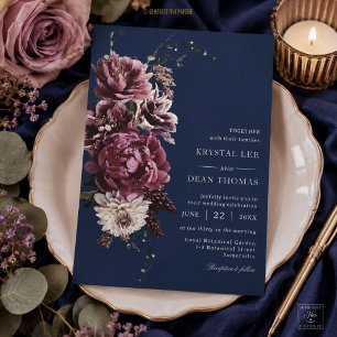Dark Navy Blue Moody Plum Burgundy Floral Wedding Invitation