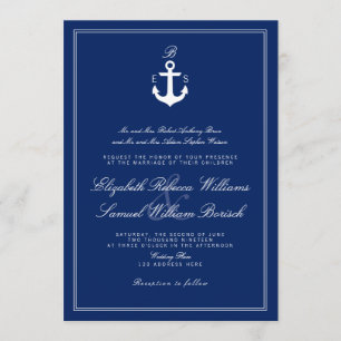 Dark Navy Blue Nautical Monogram Wedding Invite