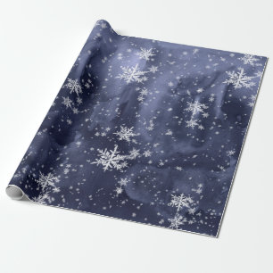 Dark Navy Blue Night Sky Fresh Fallen Snowflakes Wrapping Paper