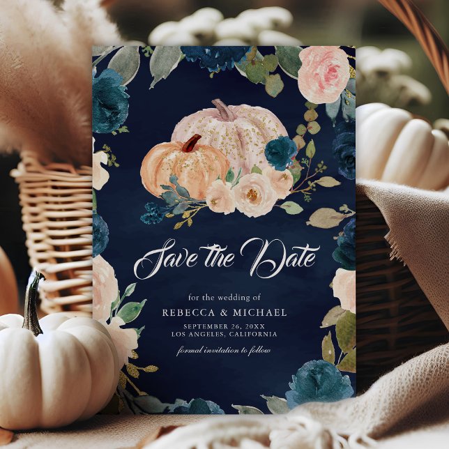 Dark Navy Blue Peach Floral Pumpkin Wedding Save The Date (Creator Uploaded)