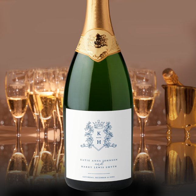 Dark navy blue photo crown monogram wedding sparkling wine label (Creator Uploaded)