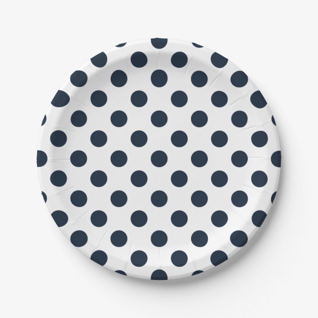 Dark navy blue polka dots paper plate (Front)