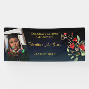 Dark Navy Blue Red Floral Gold Graduation Banner