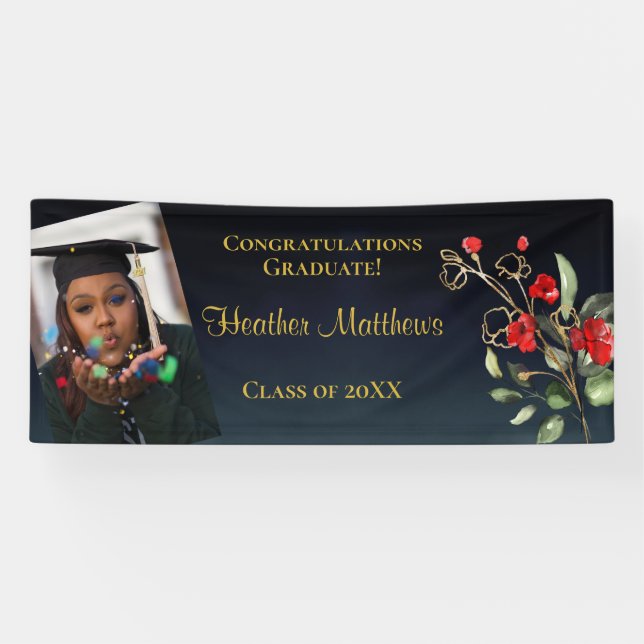 Dark Navy Blue Red Floral Gold Graduation Banner (Horizontal)