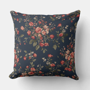 Dark Navy Blue Red Sage Cottage Floral Cushion