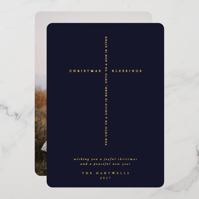 Dark Navy Blue Scripture Cross Photo Foil Holiday Card (Front/Back)