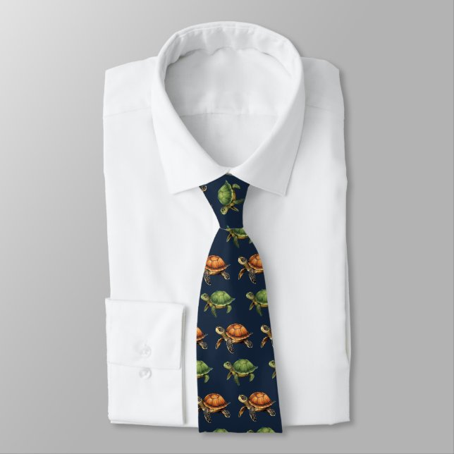 Dark Navy Blue Sea Life Turtles Patterned Tie (Tied)