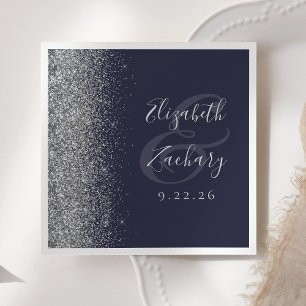 Dark Navy Blue Silver Glitter Wedding Napkin