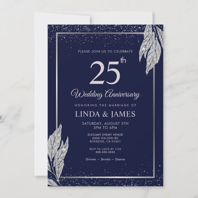 Dark Navy Blue Silver Leaf Wedding Anniversary  Invitation (Front)