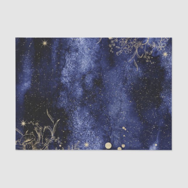 Dark Navy Blue Water Colour with gold flower Tissue Paper (Front)