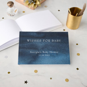 Dark Navy Blue Watercolor Wash Boy Baby Shower Guest Book